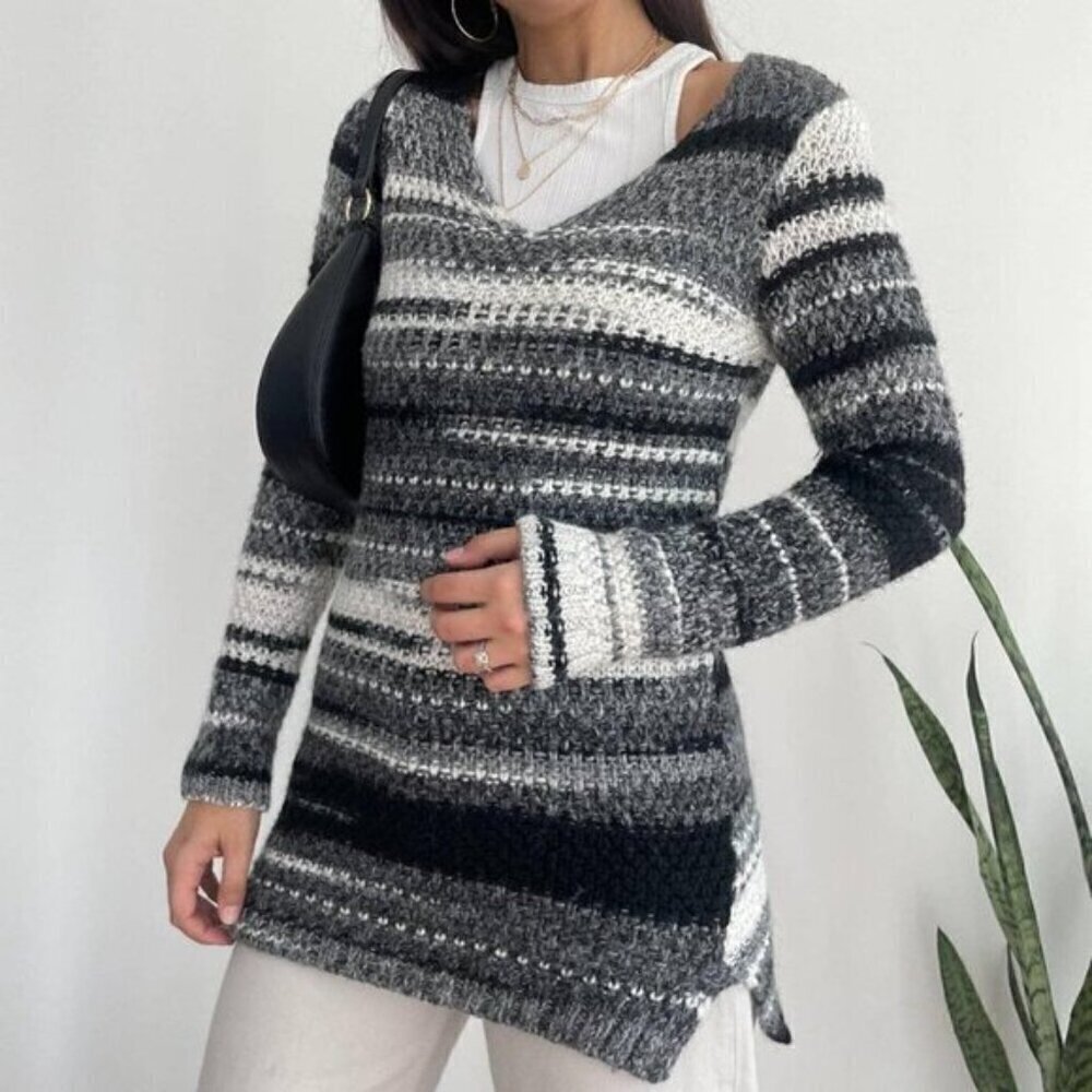Elsamanda Black Gray White Women's Striped Wool Blend Sweater M - Picture 2 of 7